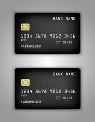 Vector set Realistic credit bank card mockup. Black gradient pattern.