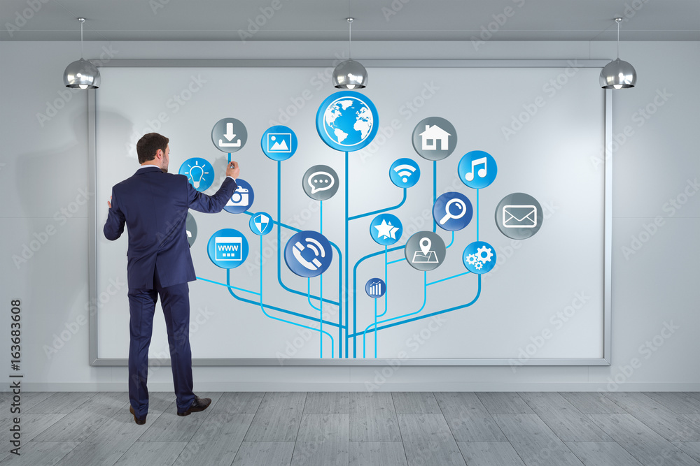 Poster Businessman using social network interface on a board 3D rendering