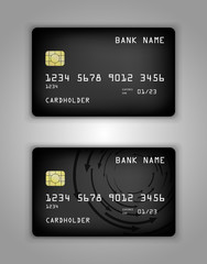 Vector set Realistic credit bank card mockup. Black gradient pattern.