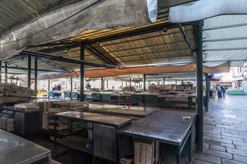 Naklejka premium Venice, Veneto, Italy. May 21, 2017: Empty sales outlets in the Fish market