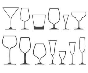 Empty wineglasses and glasses of different shapes with no filling isolated on white background. Vector icons.