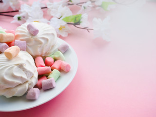 Fototapeta na wymiar Marshmallow in white plate on pink background