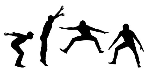Set of black vector silhouettes jumping young man in motion, isolated on white background
