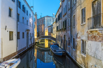 Night view of the channel called "San Zan Degola" in the oldest part of Venice, Italy