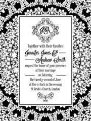 Damask pattern design for wedding invitation in black and white. Brocade royal frame and exquisite monogram