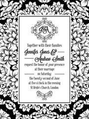 Damask pattern design for wedding invitation in black and white. Brocade royal frame and exquisite monogram