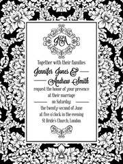 Damask pattern design for wedding invitation in black and white. Brocade royal frame and exquisite monogram