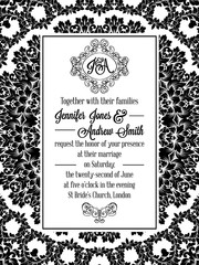 Damask pattern design for wedding invitation in black and white. Brocade royal frame and exquisite monogram