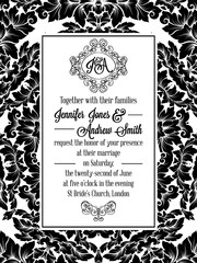 Damask pattern design for wedding invitation in black and white. Brocade royal frame and exquisite monogram