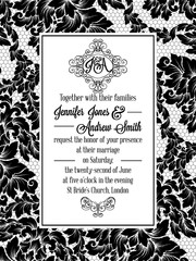 Damask pattern design for wedding invitation in black and white. Brocade royal frame and exquisite monogram