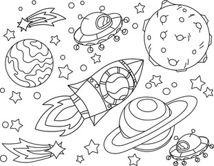 The rocket flies to the moon coloring book. Antistress planet, earth and moon Vetor illustration in zentangle style.