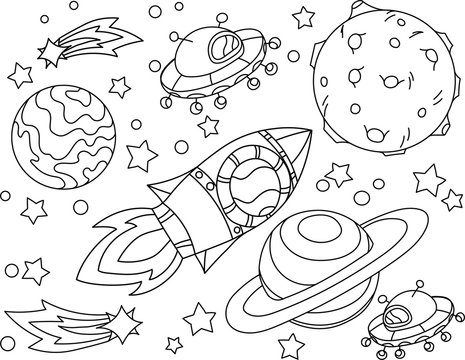 The rocket flies to the moon coloring book. Antistress planet, earth and moon Vetor illustration in zentangle style.