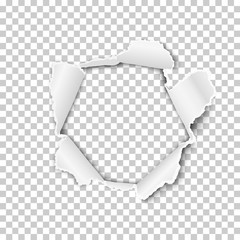 Torn hole in the sheet of paper on a transparent background. Vector template design. - obrazy, fototapety, plakaty