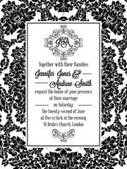 Damask pattern design for wedding invitation in black and white. Brocade royal frame and exquisite monogram