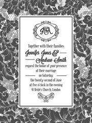 Damask pattern design for wedding invitation in black and white. Brocade royal frame and exquisite monogram