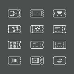 Vector line art ticket icon design. Simple and clean icon set. Airplane, train, bus, concert minimalistic style.