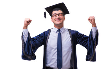 Young man student graduating isolated on white