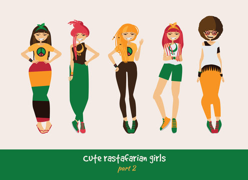 Vector set with isolated rasta girls. Rastafarian clothes in bright colors, ethnic accessories, various hairstyle and posing. Smiling characters with dreadlocks.