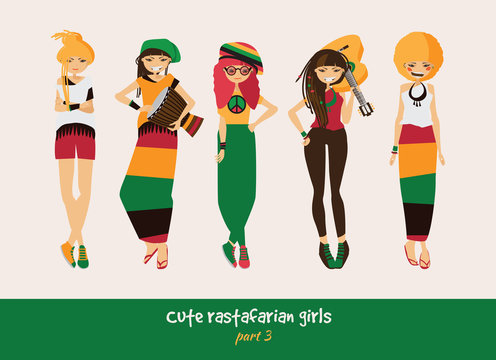 Vector set with isolated rasta girls. Rastafarian clothes in bright colors, ethnic accessories, music instruments. Smiling characters with dreadlocks.