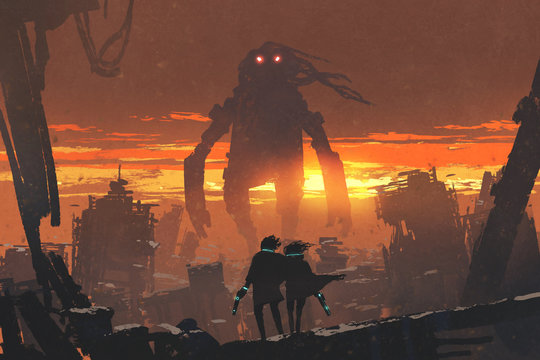 sci-fi scene of couple holding gun looking at giant robot standing in destroyed city, digital art style, illustration painting