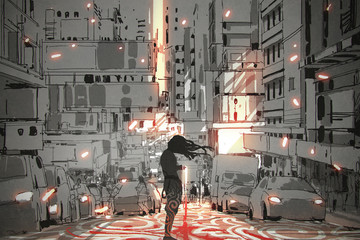 Fototapety  mężczyzna z długimi włosami stojący w mieście z graficznym wzorem na ulicy, cyfrowy styl artystyczny, malarstwo ilustracyjne