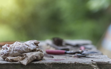 Set of tools on an old wooden table, work in the garden and at home