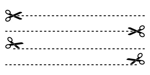 Set of Black Scissors with Cut Lines Vector Isolated