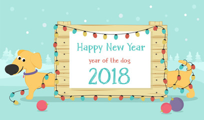 New 2018. The Chinese year of the yellow dog. Congratulations on the funny yellow dog breed Dachshund and Christmas lights. Colorful vector illustration in cartoon style.