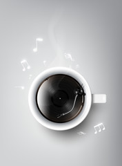 A realistic cup of black coffee and record vinyl in cup in flat lay view, relax time concept, vector illustration