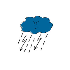 Vector cloud with lightning and rain, cartoon character