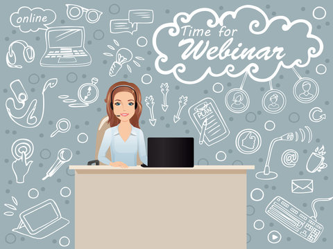 Cute smiling woman sitting at a table in the workplace holds a webinar and holds a webinar / public speaker, coach, online education, e-learning