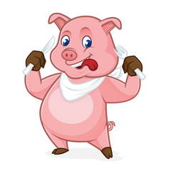 Pig cartoon holding fork and knife