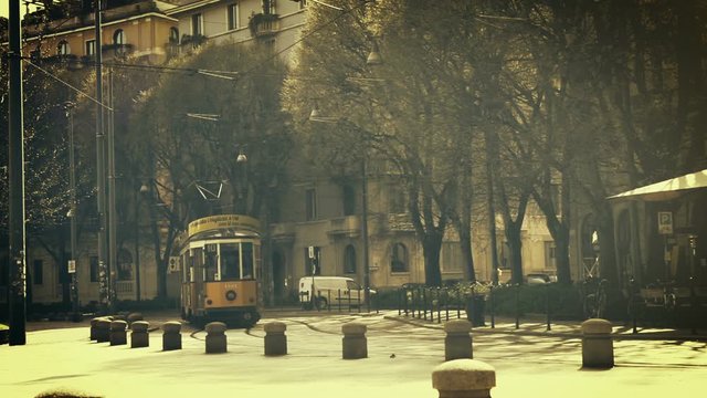 Polaroid styled footage shot in MILAN, ITALY: Old vintage yellow tram №1881 en route
 ATM Class 1500. 502 cars were made in 1927-30 only