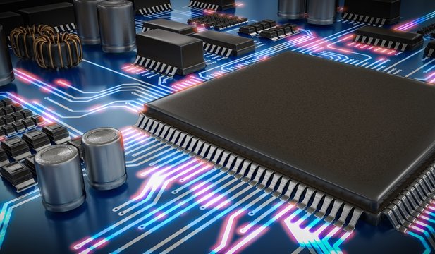 3D rendered illustration of processor or microchip and glowing signals.