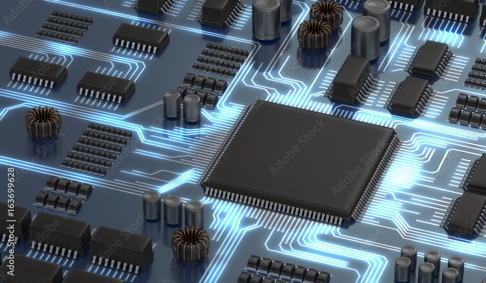 Poster 3d rendered illustration of electronical circuit with microchip.