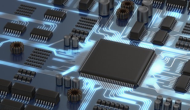 3D rendered illustration of electronical circuit with microchip.