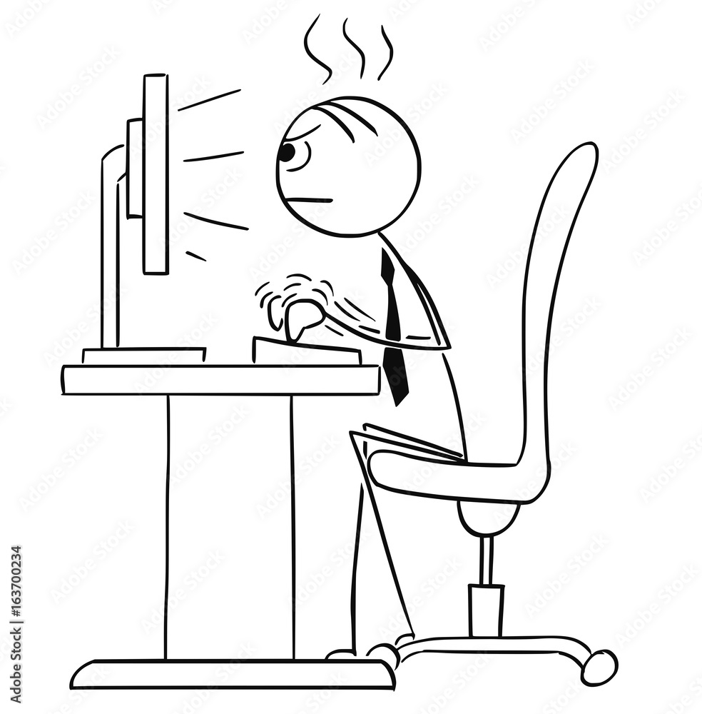 Poster vector stick man cartoon of man working typing hard on the computer
