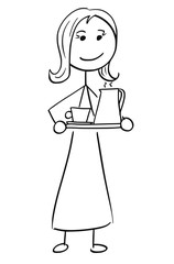 Vector Stick Man Cartoon of Woman Female Assistant Secretary Holding a Tray with Coffee Tea