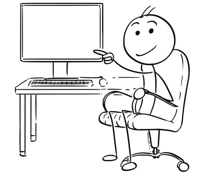 Vector Stick Man Cartoon of Man Pointing at Empty Computer Screen Display