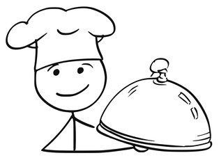 Vector Stick Man Cartoon of Male Cook Chef in Hat Holding Covered Plate Tray with Dish