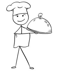 Vector Stick Man Cartoon of Male Cook Chef in Hat Holding Covered Plate Tray with Dish