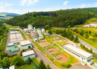 Aerial view of public sewage treatment plant for 22, 000 inhabitants of Klatovy city in Czech...