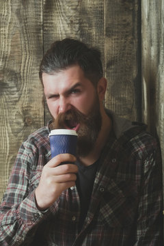 Brutal bearded hipster holding plastic coffee cup