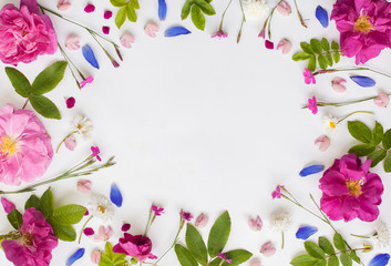 Romantic floral flat lay frame