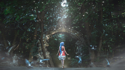 Beautiful young woman wearing elegant dress standing on a road in the forest with rays of sunlight...