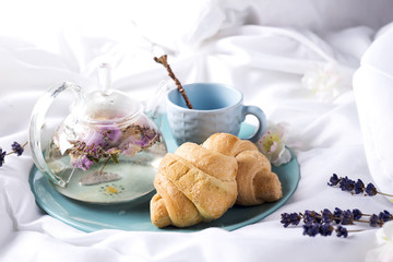 Breakfast in bed with tea,