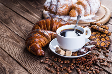 Breakfast with coffee and croissants on table