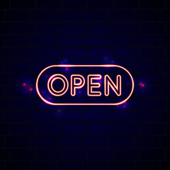 Neon glowing open sign in front of the brick wall. Creative night club opening symbol