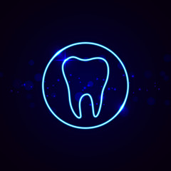 Neon dental sign. Shining tooth vector emblem in line style.