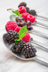 Fresh berries on steel spoons on white marble background